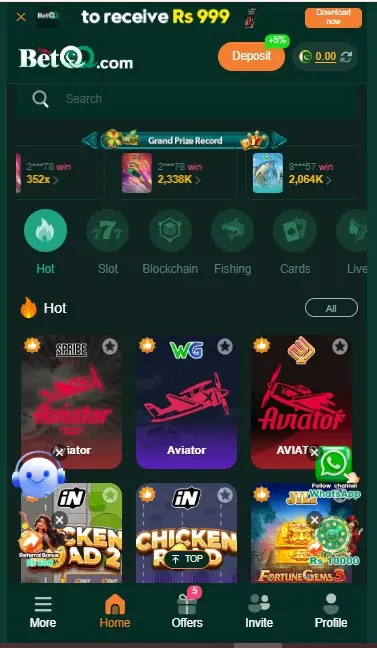 Betqq Game app interface showing real money games and withdrawal options in Pakistan